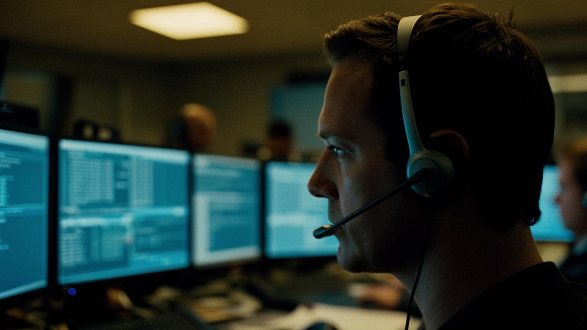 Airline operations controller in profile, lit by monitors at night