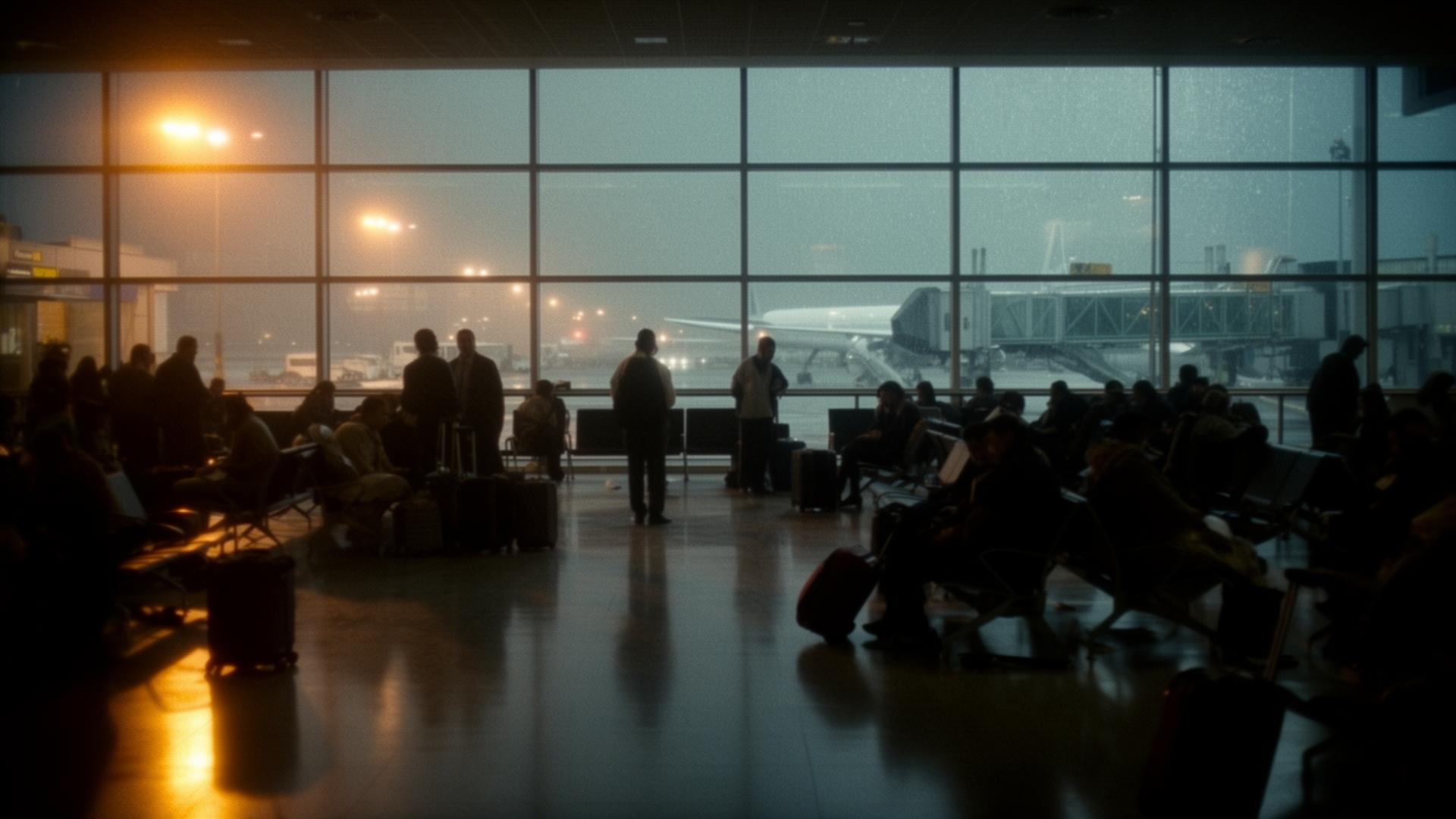 Stranded passengers silhouetted against a rain-streaked terminal window at night