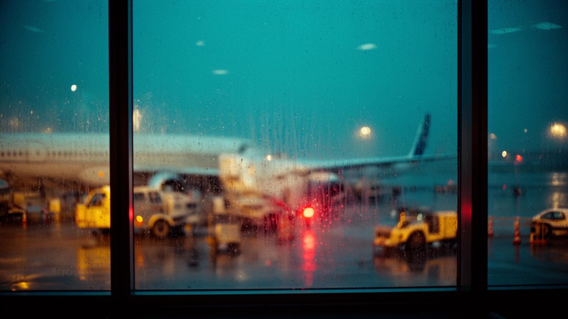 Rain streaming down a terminal window, ground crew lights bleeding through